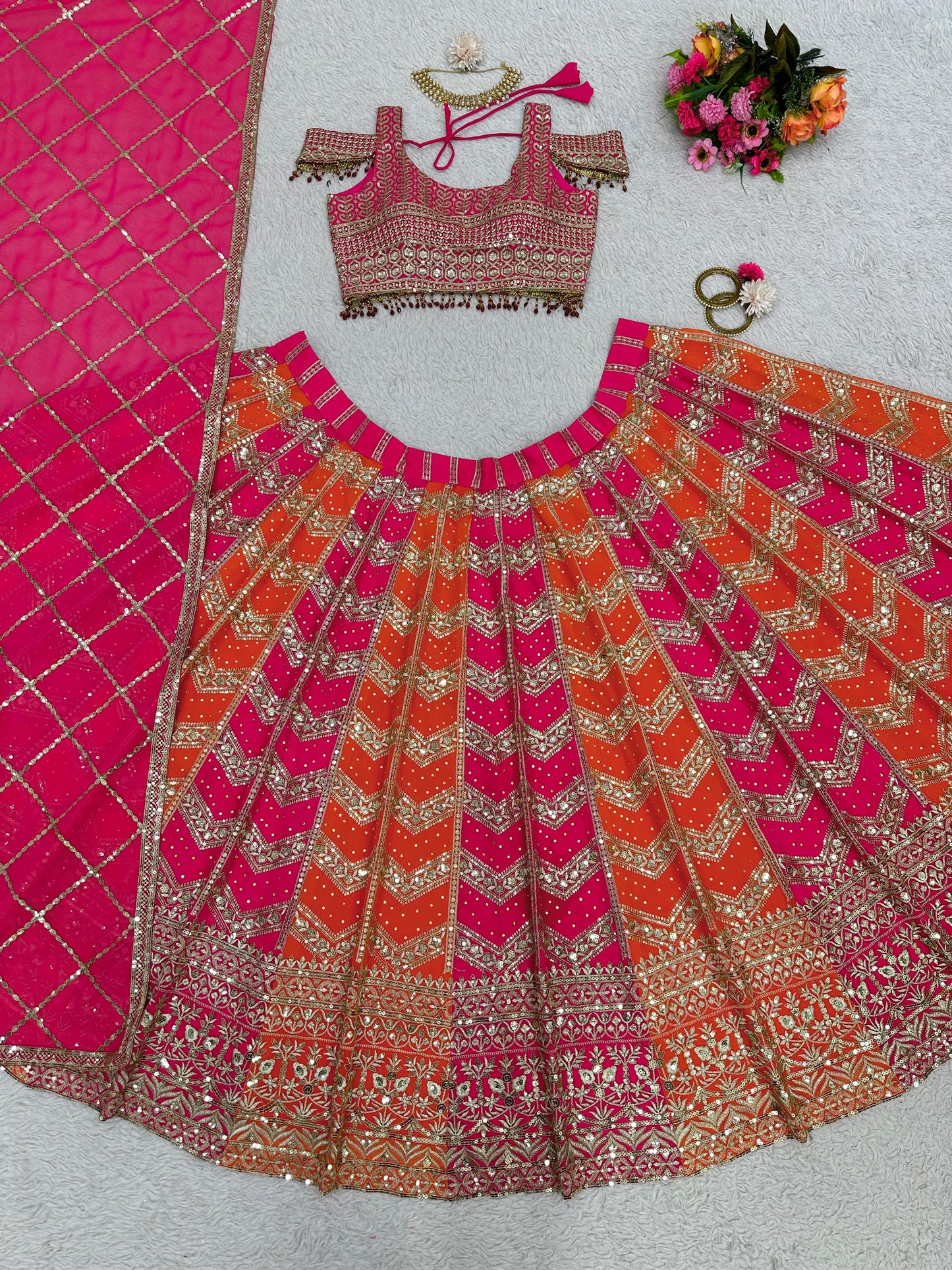 Bridal Wear Embroidered Sequence Work Pink and Orange Lehenga Choli