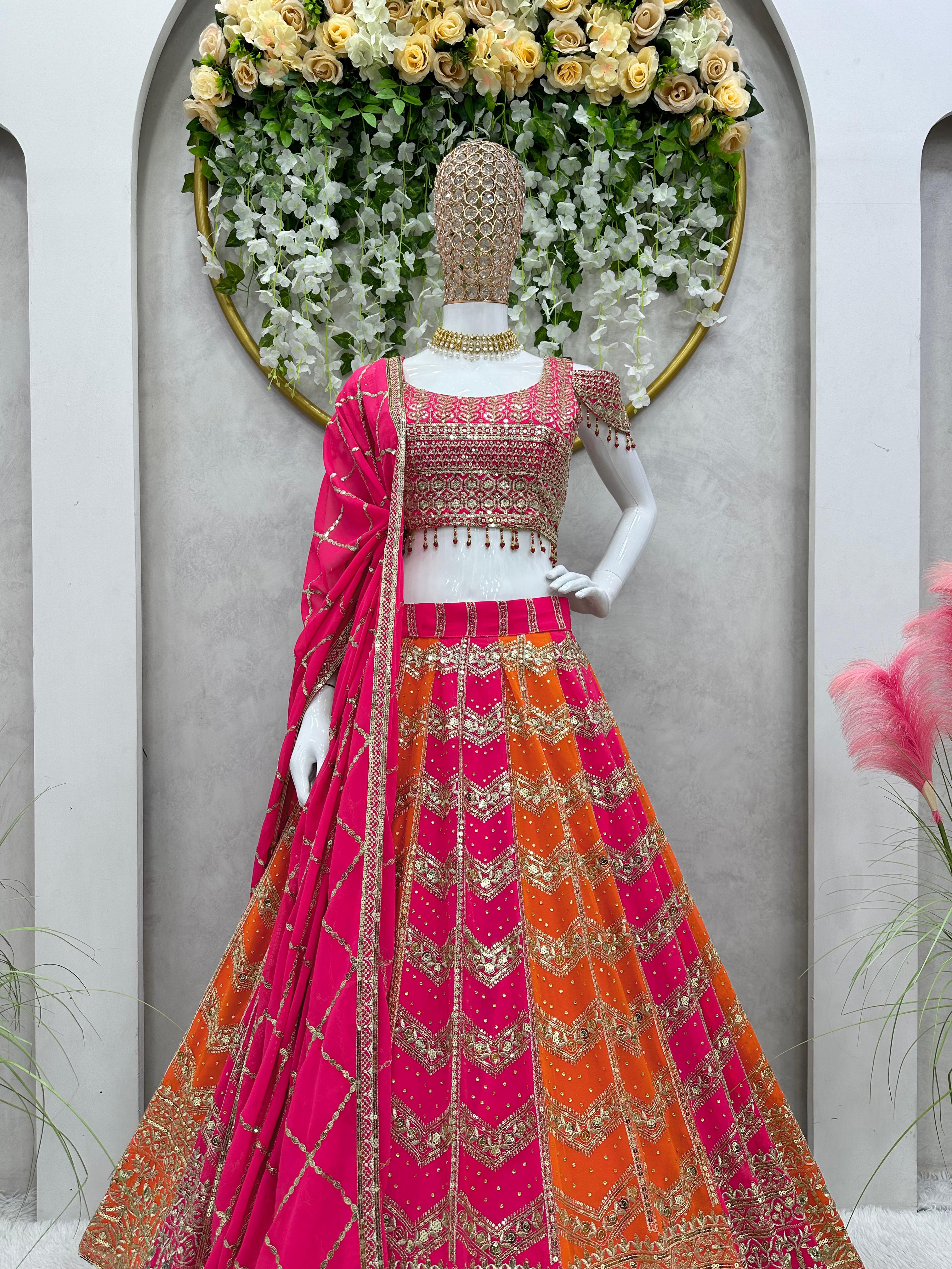 Silk Wedding Lehenga In Shaded Pink Orange SF1107IN – ShreeFashionWear