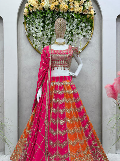 Bridal Wear Embroidered Sequence Work Pink and Orange Lehenga Choli