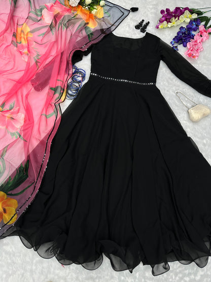 Fantastic Lace Pattern Black Gown With Organza Dupatta