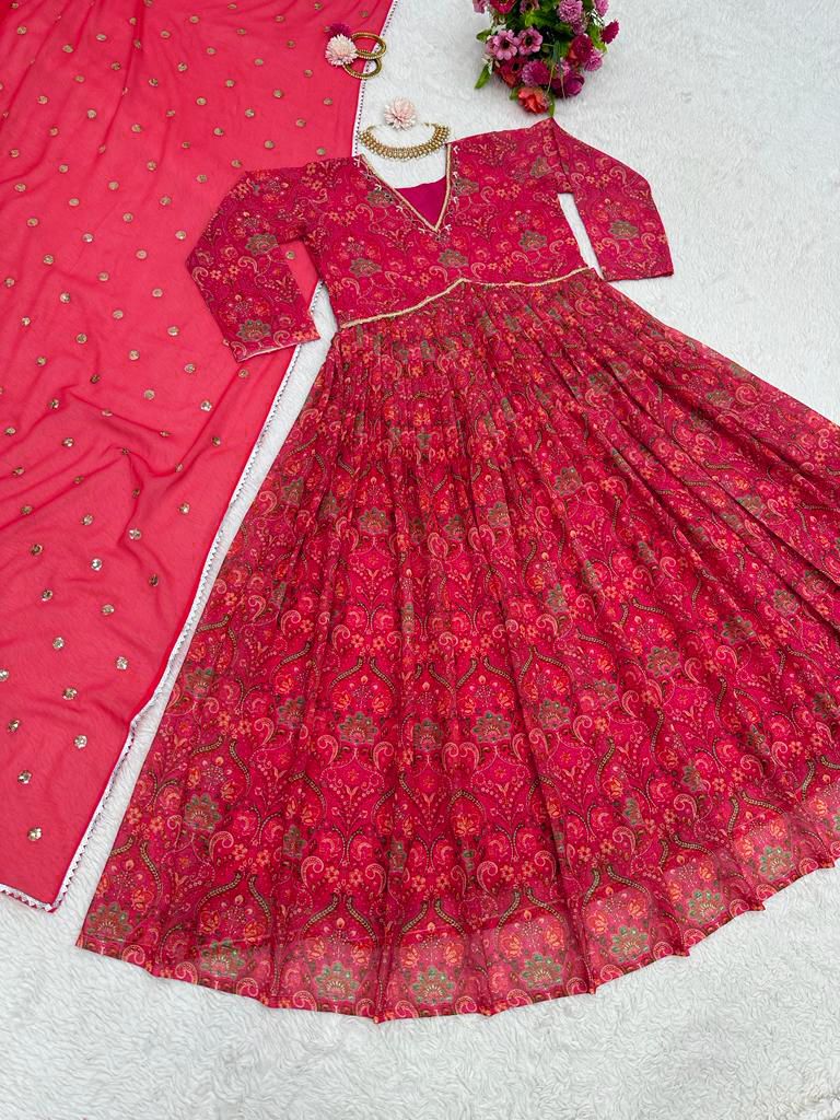 Fantastic Hand Work Red Color Digital Print Gown With Dupatta