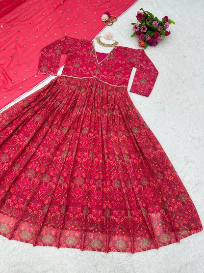 Fantastic Hand Work Red Color Digital Print Gown With Dupatta