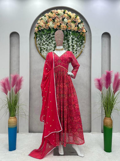 Fantastic Hand Work Red Color Digital Print Gown With Dupatta