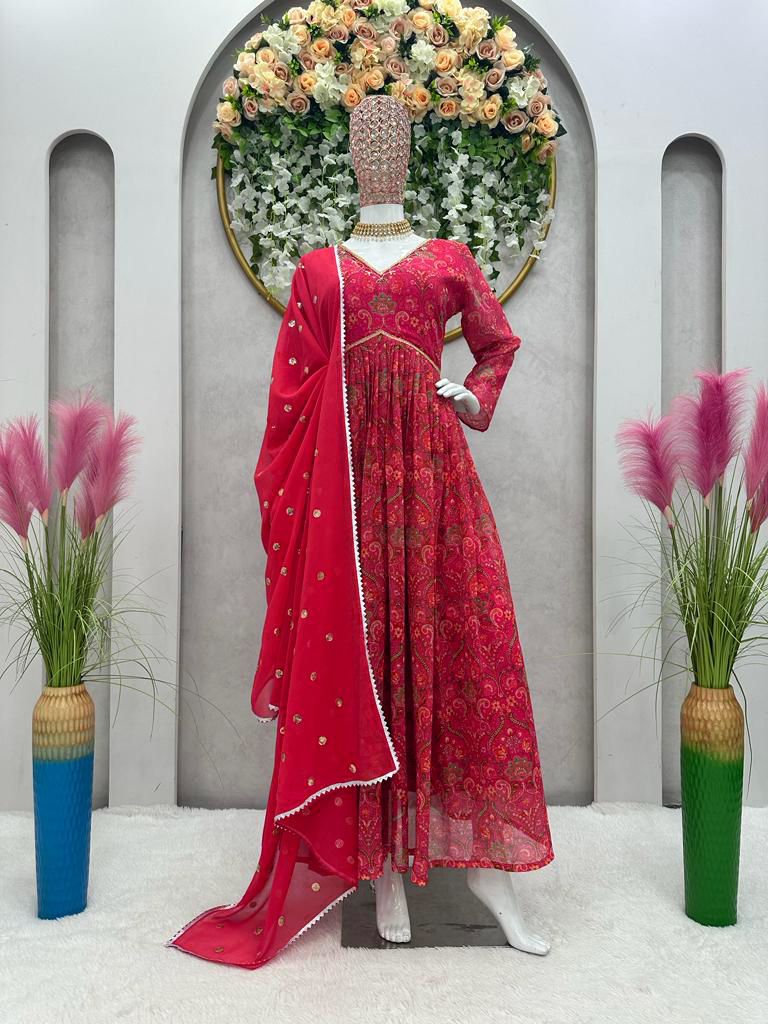 Fantastic Hand Work Red Color Digital Print Gown With Dupatta