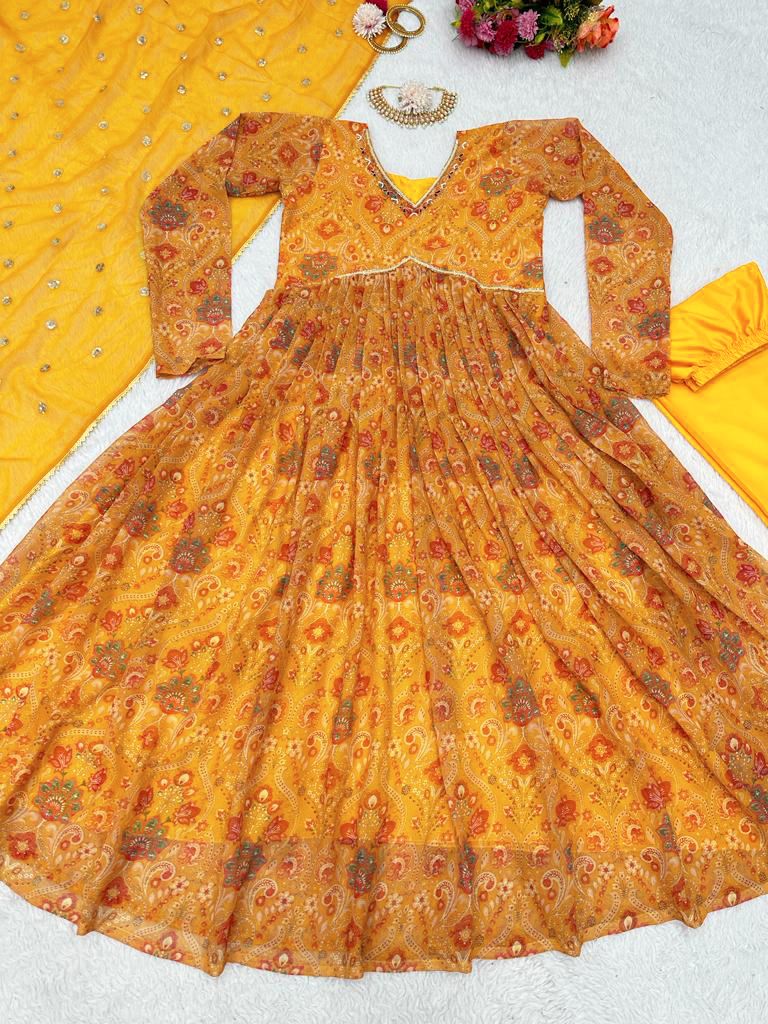 Fantastic Hand Work Yellow Color Digital Print Gown With Dupatta