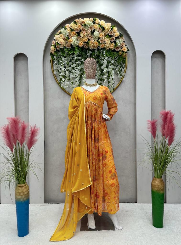 Fantastic Hand Work Yellow Color Digital Print Gown With Dupatta