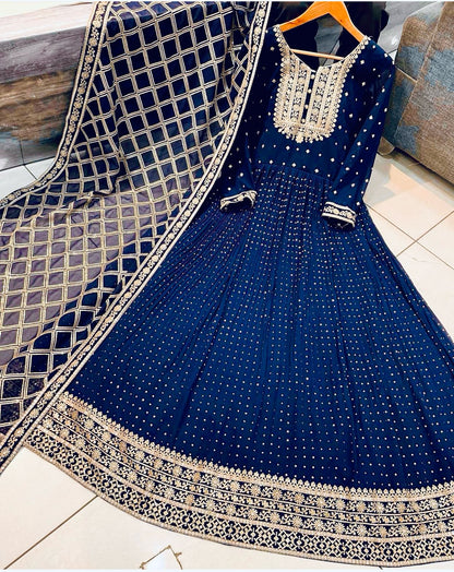 Marriage Special Blue Color Sequence Embroidery Work Anarkali Gown