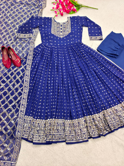 Marriage Special Blue Color Sequence Embroidery Work Anarkali Gown