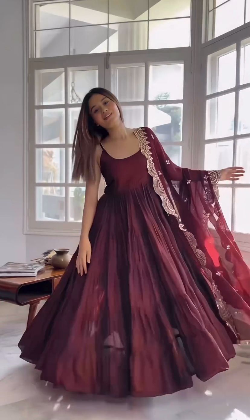 Beautiful Maroon Color Ruffle Flair Anarkali Gown