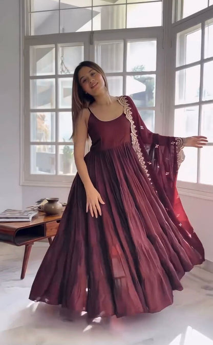 Beautiful Maroon Color Ruffle Flair Anarkali Gown