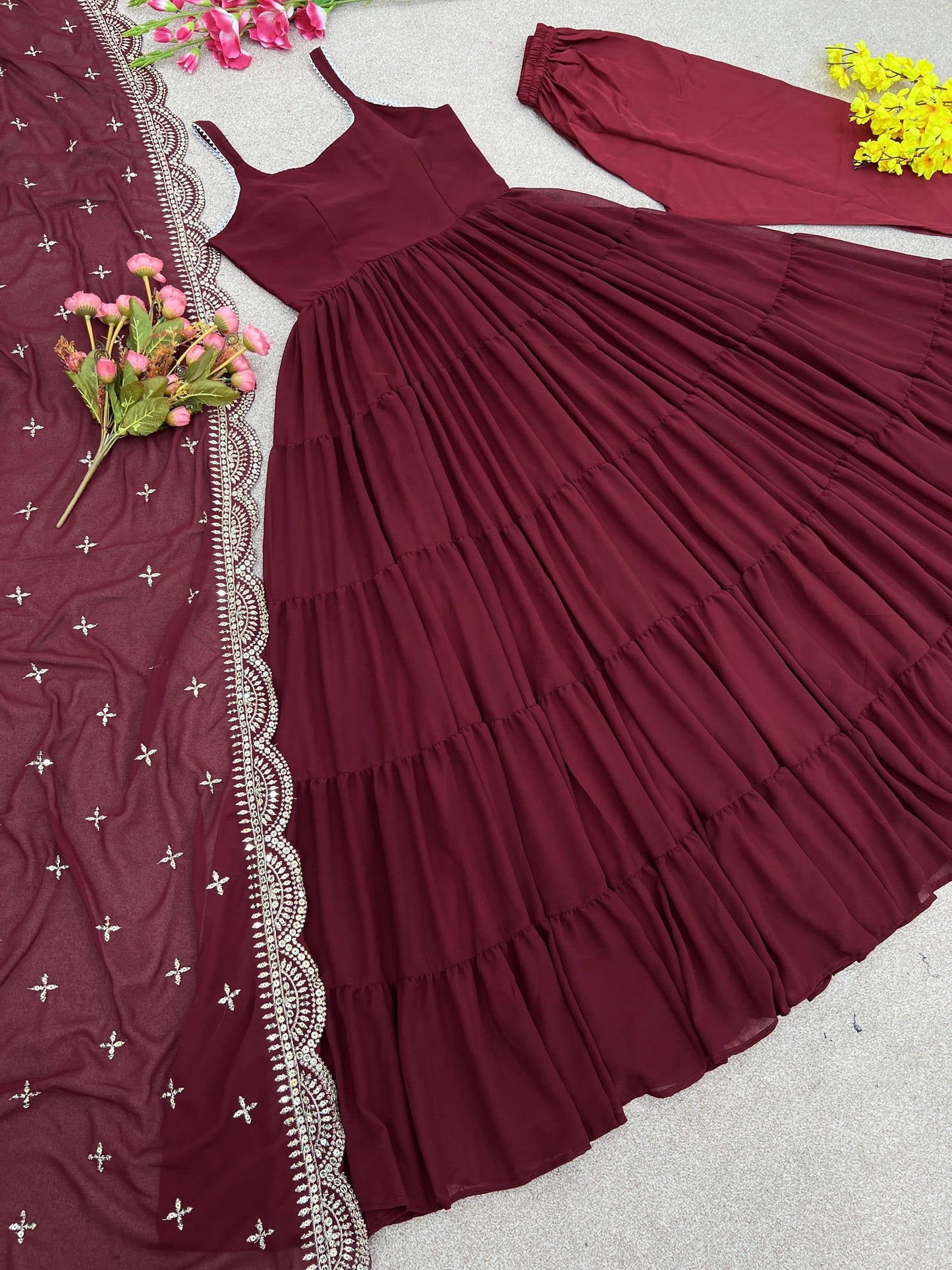 Beautiful Maroon Color Ruffle Flair Anarkali Gown