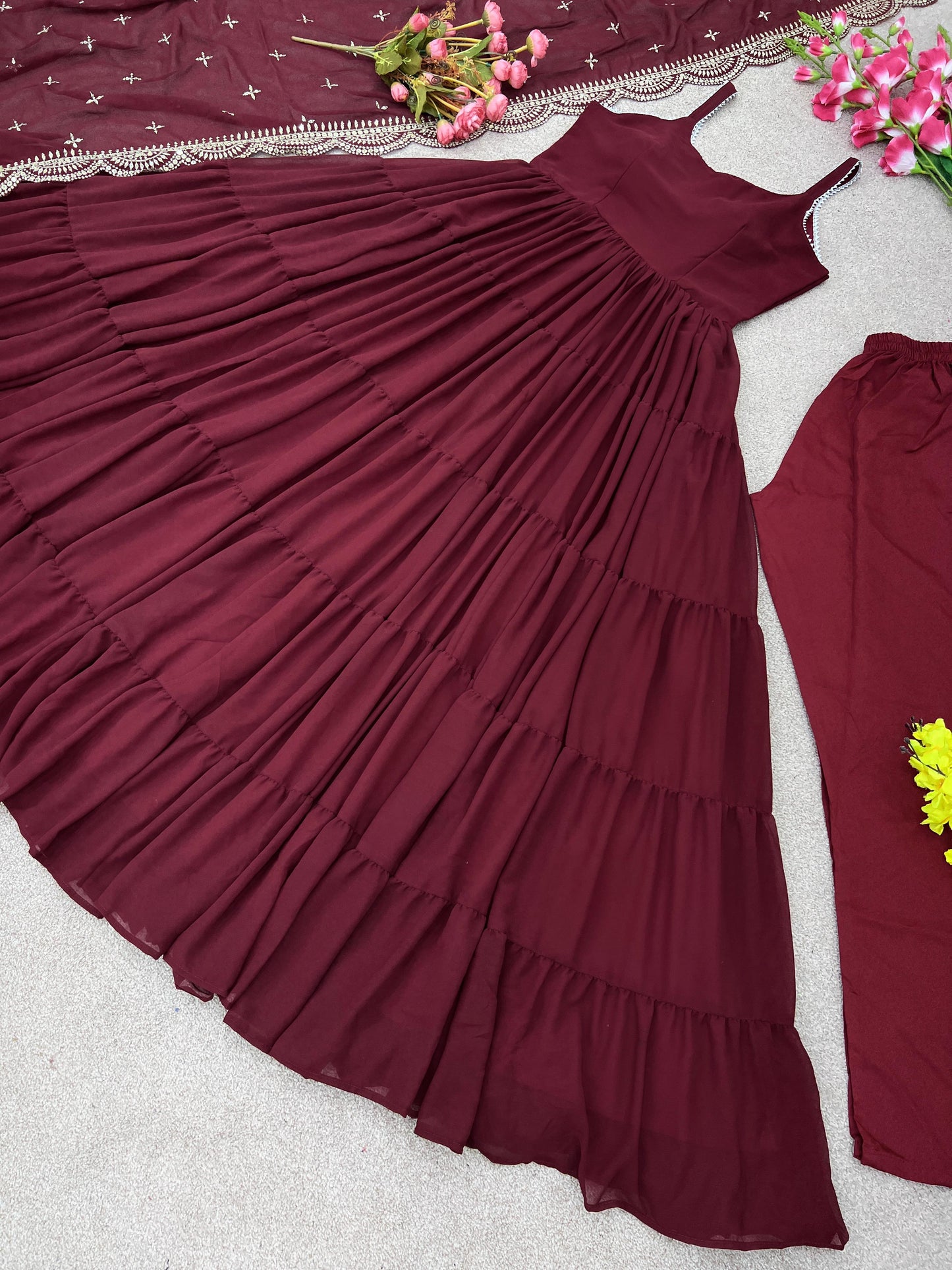 Beautiful Maroon Color Ruffle Flair Anarkali Gown