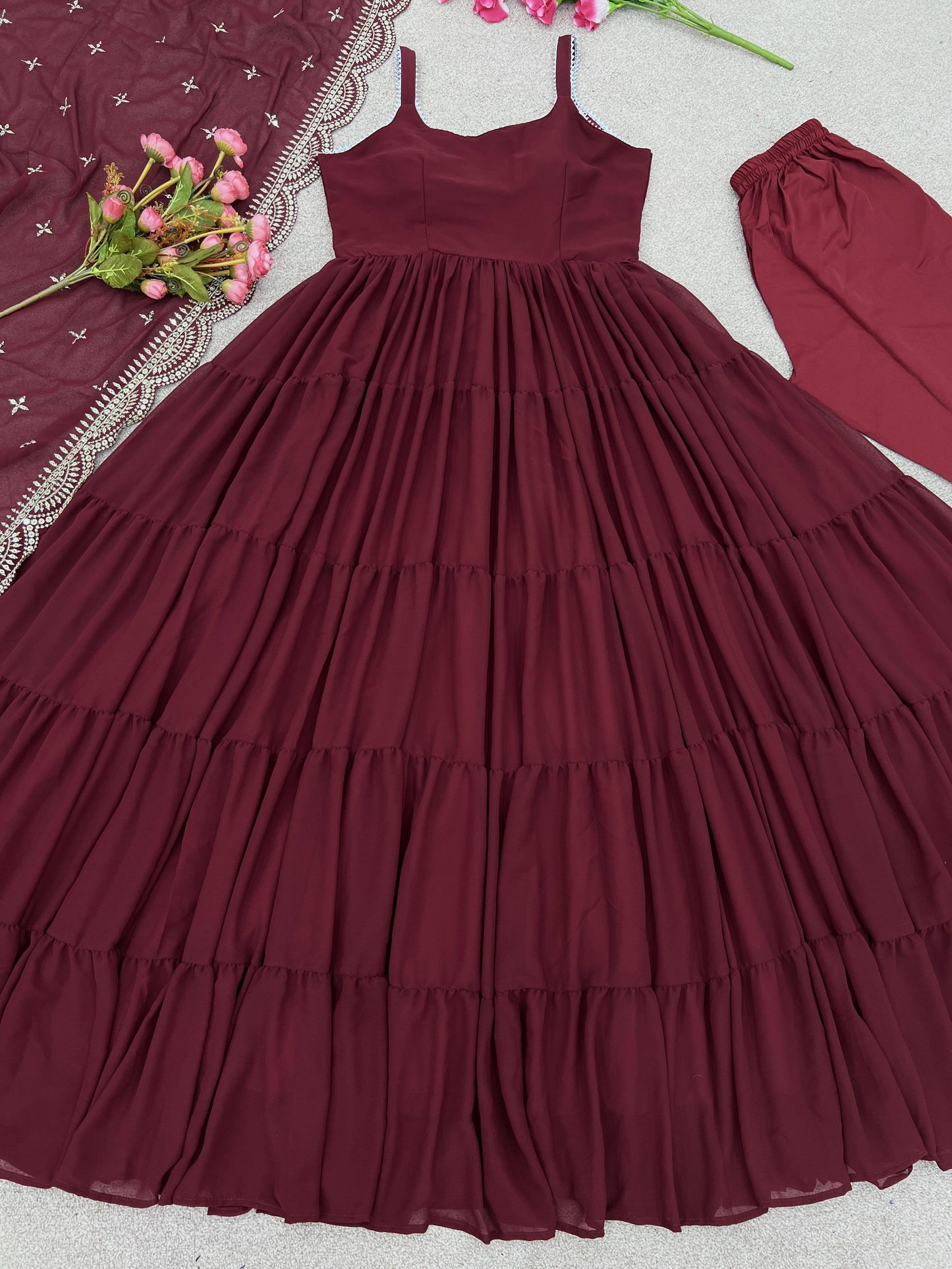 Beautiful Maroon Color Ruffle Flair Anarkali Gown