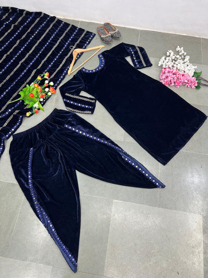 Velvet Punjabi Style Blue Color Beautiful Dhoti Suit