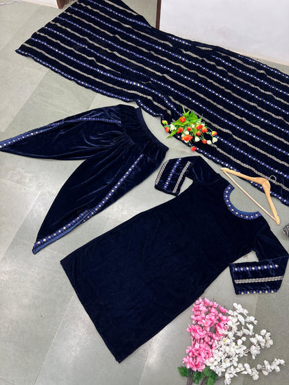 Velvet Punjabi Style Blue Color Beautiful Dhoti Suit