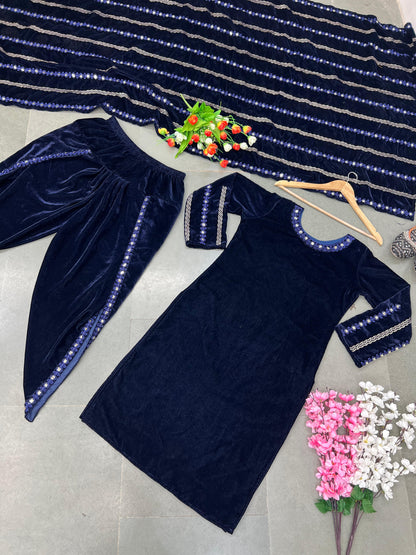 Velvet Punjabi Style Blue Color Beautiful Dhoti Suit