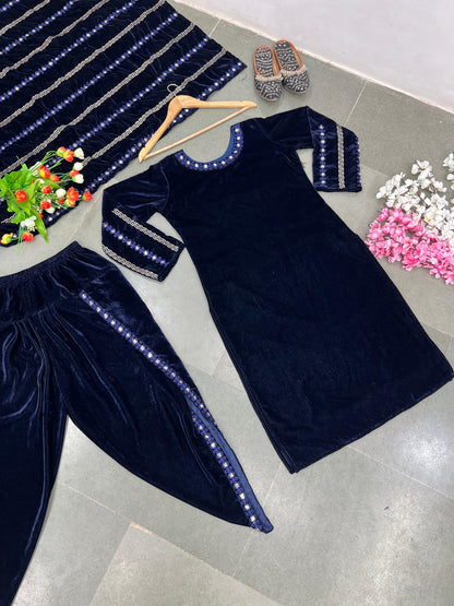 Velvet Punjabi Style Blue Color Beautiful Dhoti Suit