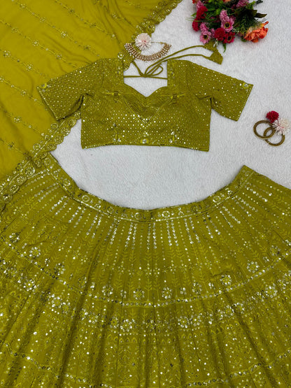 Designer Lemon Green Color Attractive Heavy Work Lehenga Choli