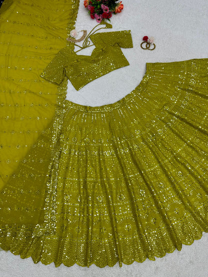 Designer Lemon Green Color Attractive Heavy Work Lehenga Choli