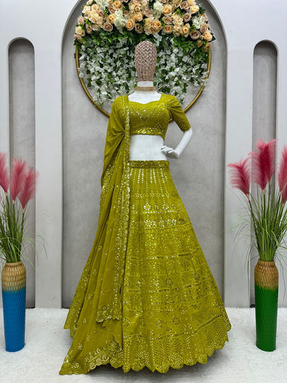 Designer Lemon Green Color Attractive Heavy Work Lehenga Choli