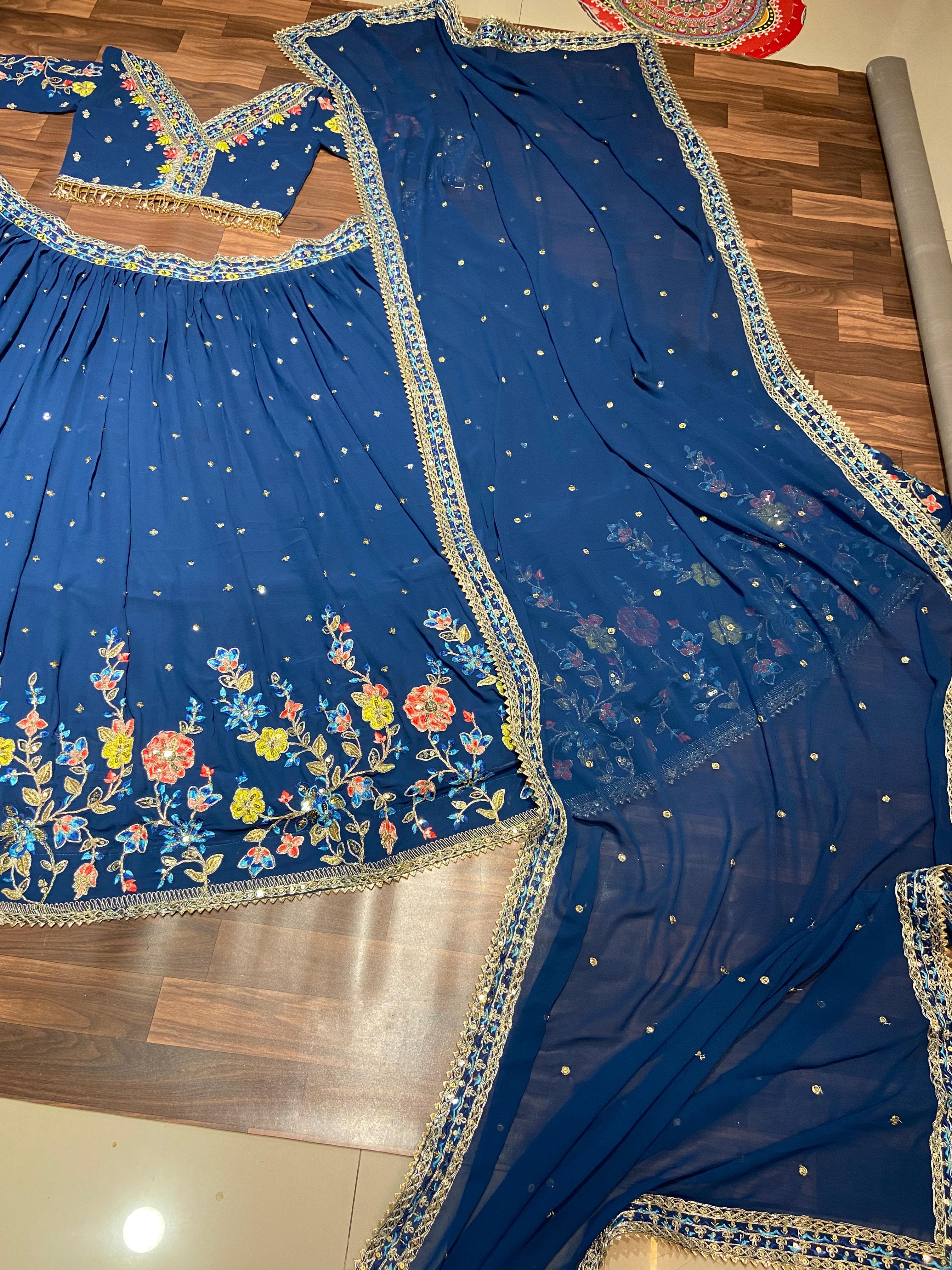 Embellished Multi Thread Embroidery Work Blue Color Lehenga Choli