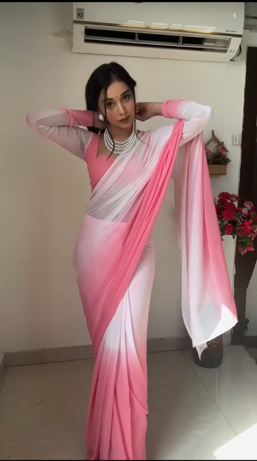 Baby Pink And White Soft Georgette Fancy Ready To Wear Saree