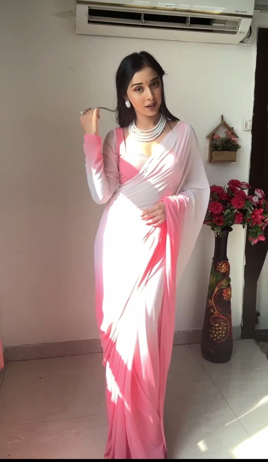 Baby Pink And White Soft Georgette Fancy Ready To Wear Saree