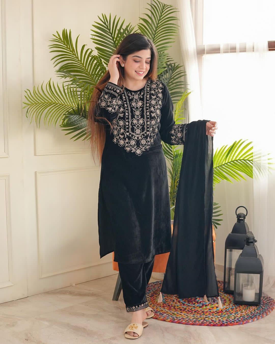 Black Viscose Velvet Embroidery Work Kurti Pant With Dupatta