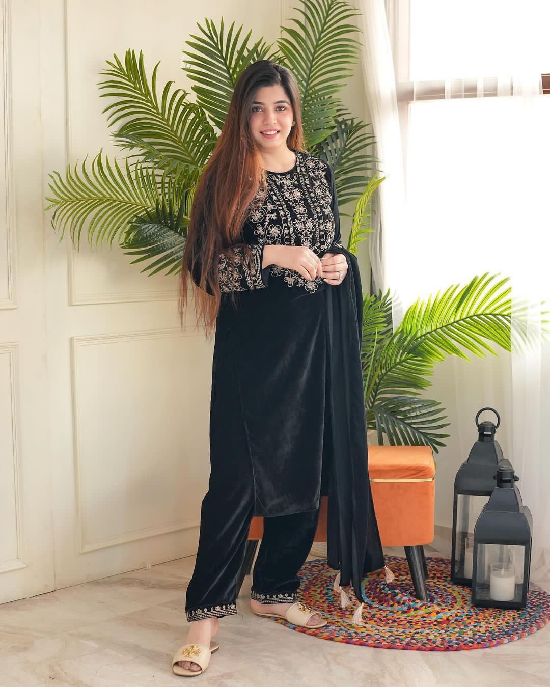 Black Viscose Velvet Embroidery Work Kurti Pant With Dupatta