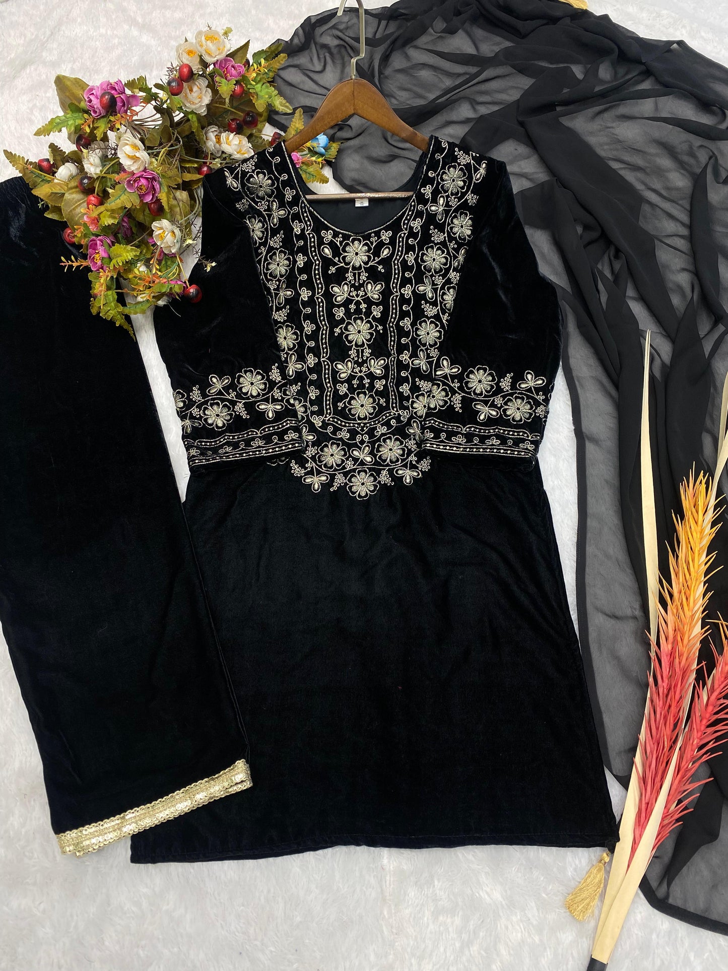 Black Viscose Velvet Embroidery Work Kurti Pant With Dupatta