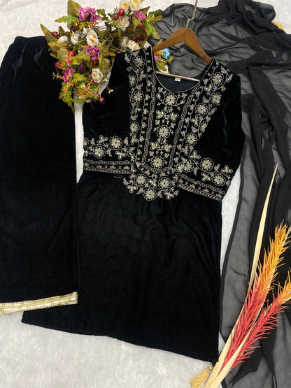 Black Viscose Velvet Embroidery Work Kurti Pant With Dupatta