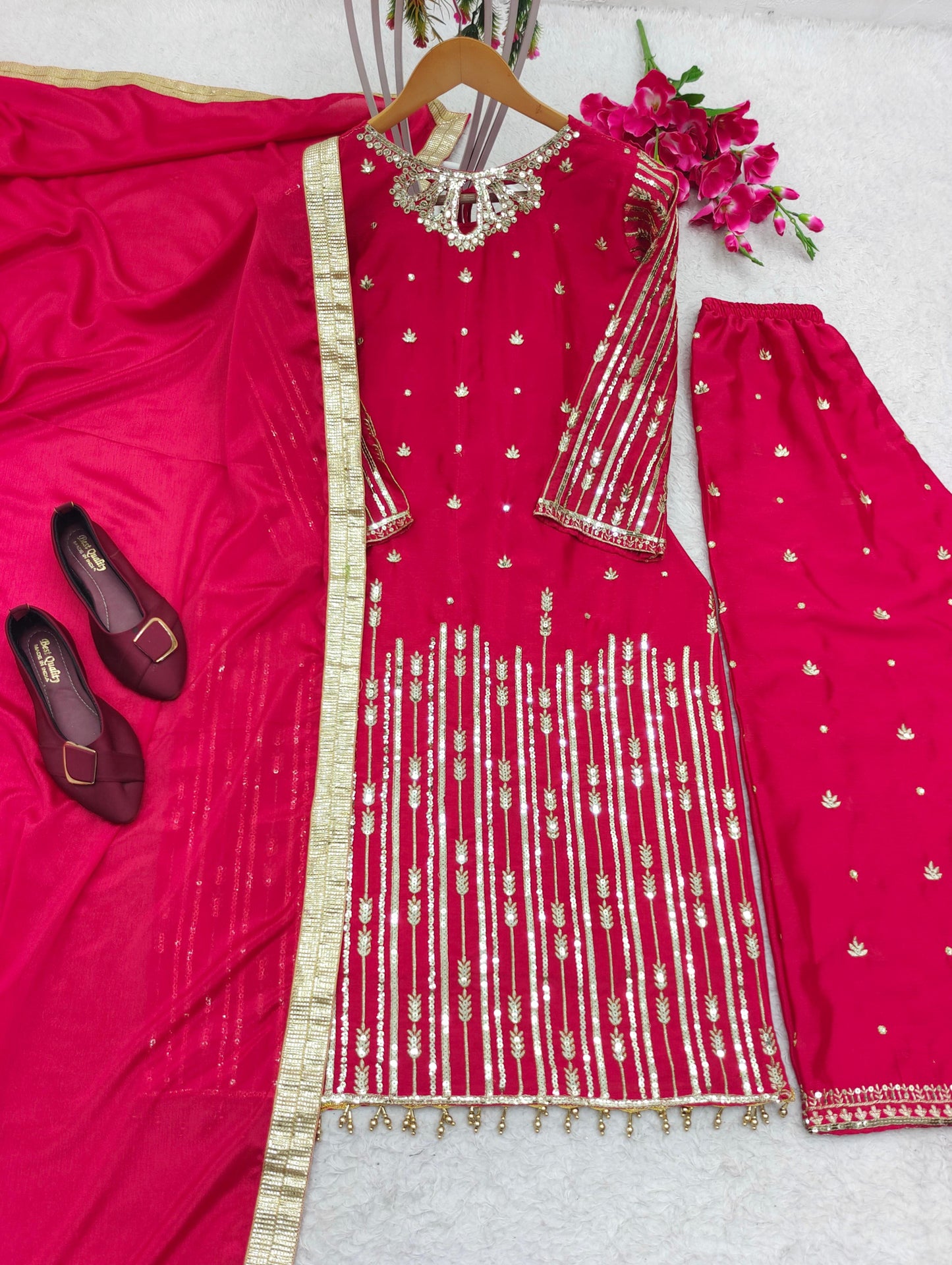 Function Wear Dark Pink Color Heavy Work Sharara Suit