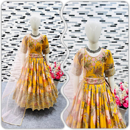 Good Looking Digital Print Work Yellow Color Baby Girl Gown