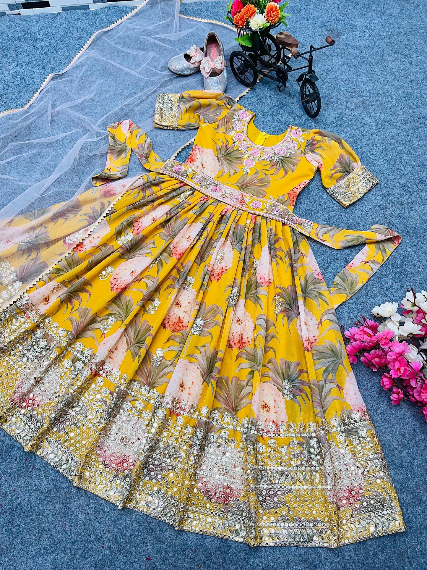 Good Looking Digital Print Work Yellow Color Baby Girl Gown