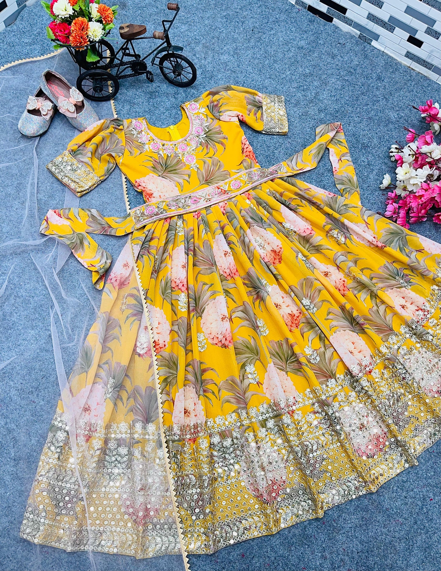 Good Looking Digital Print Work Yellow Color Baby Girl Gown