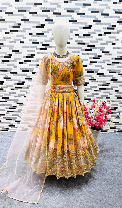 Good Looking Digital Print Work Yellow Color Baby Girl Gown