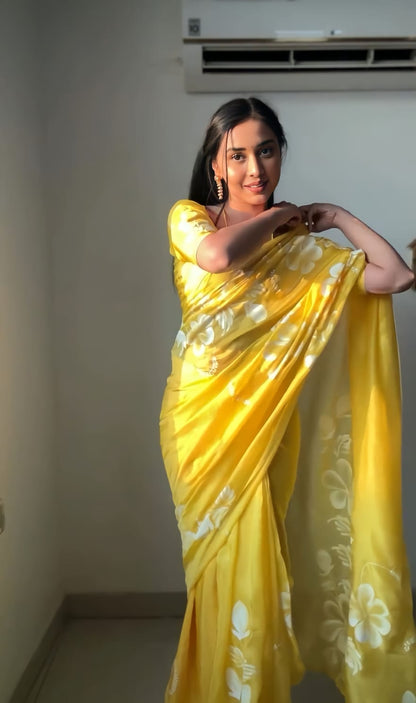 Beautiful Yellow Colour Flower Design Ready To Wear Saree