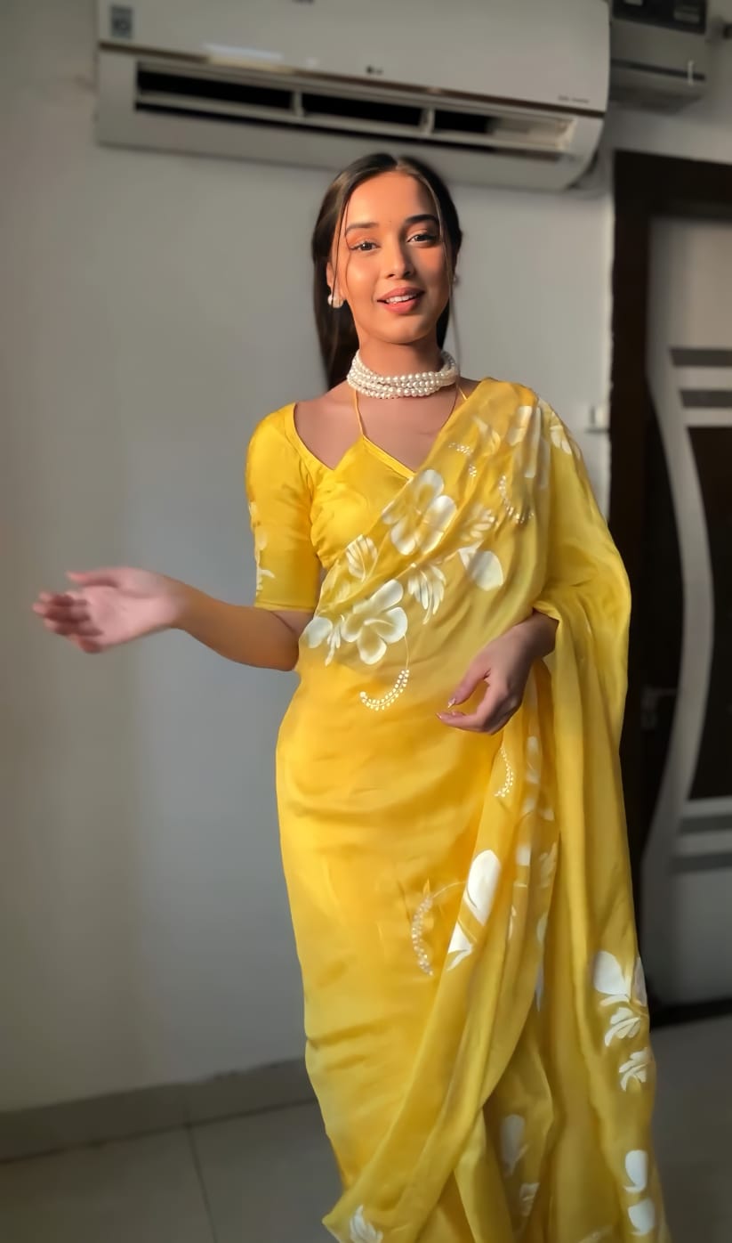 Beautiful Yellow Colour Flower Design Ready To Wear Saree