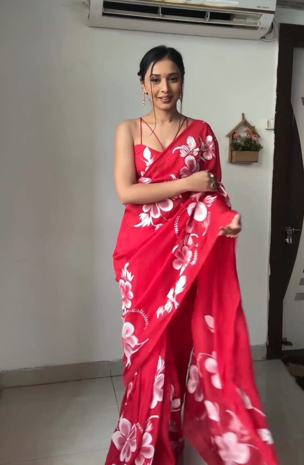 Beautiful Red Colour Flower Design Ready To Wear Saree