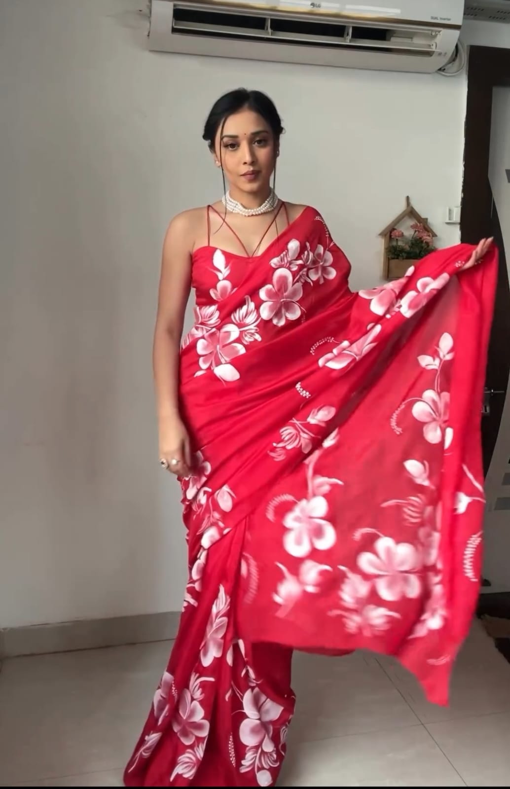 Beautiful Red Colour Flower Design Ready To Wear Saree