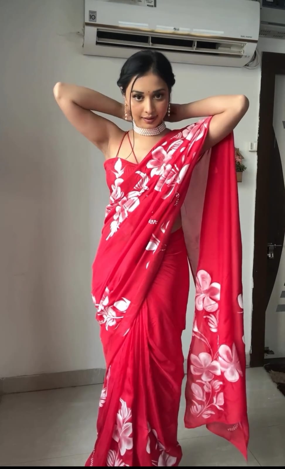 Beautiful Red Colour Flower Design Ready To Wear Saree