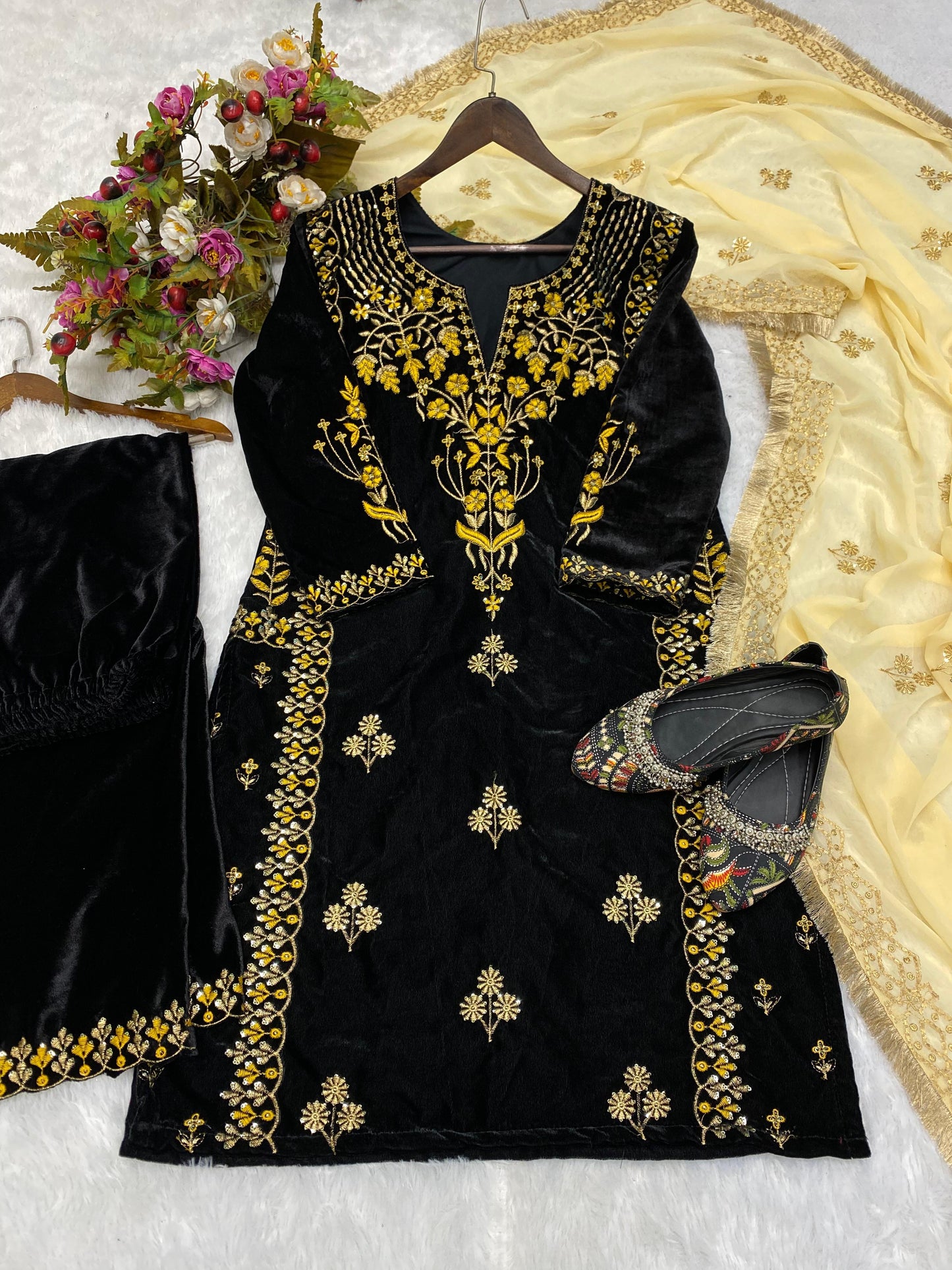 Embroidery Sequence Work Black Color Velvet Salwar Suit