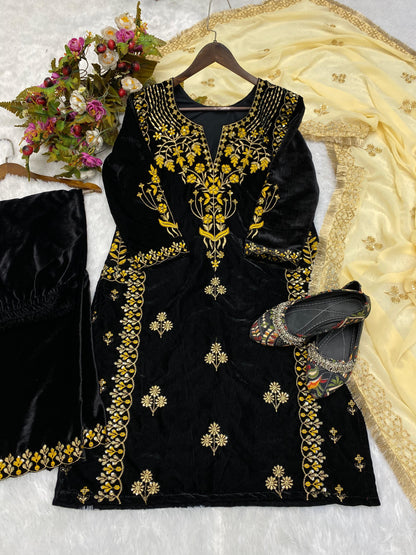 Embroidery Sequence Work Black Color Velvet Salwar Suit