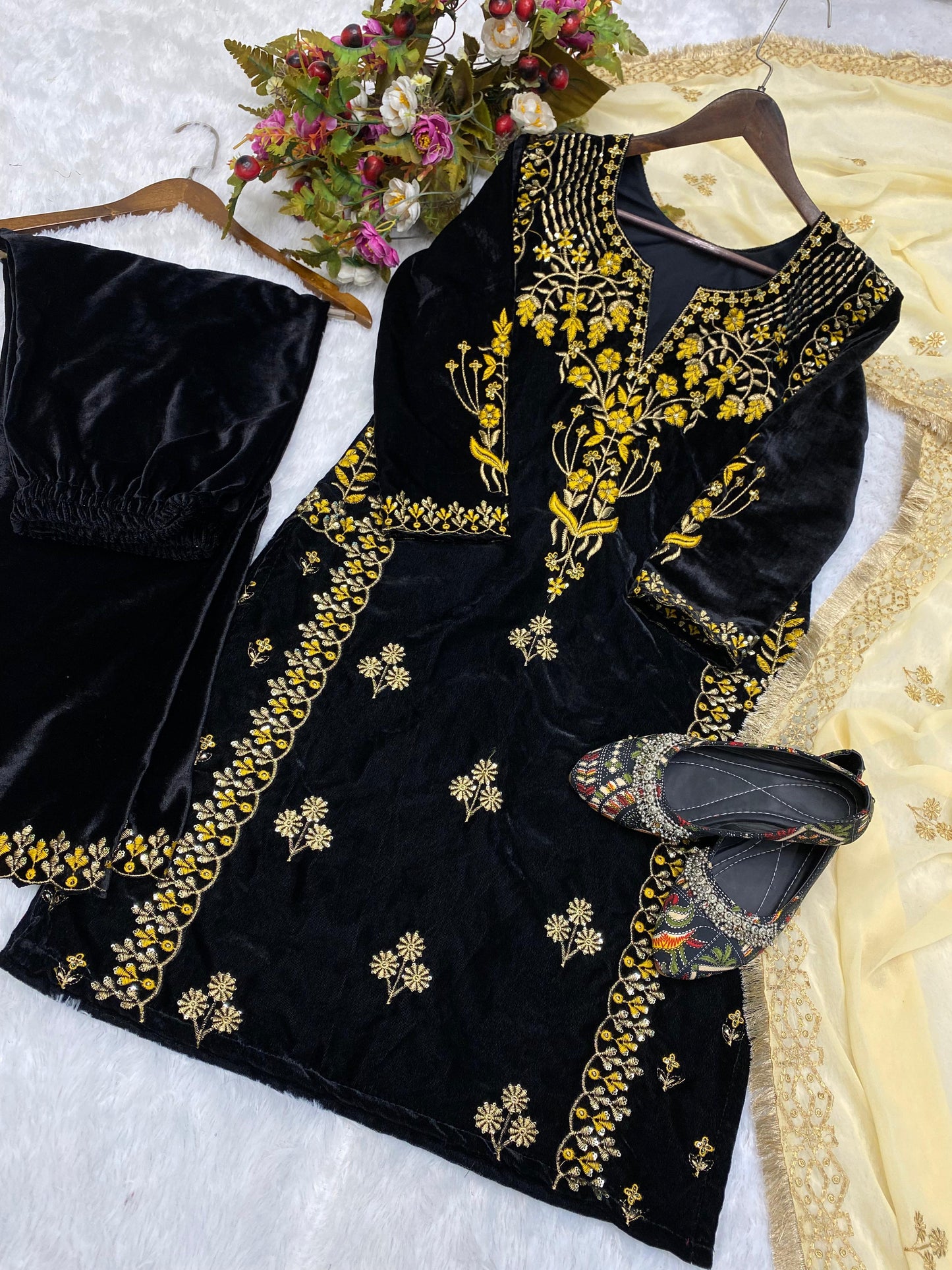 Embroidery Sequence Work Black Color Velvet Salwar Suit