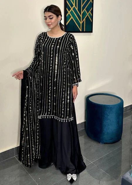 Function Wear Sequence With Pearl Work Black Color Sharara Suit