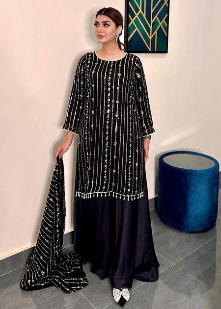 Function Wear Sequence With Pearl Work Black Color Sharara Suit