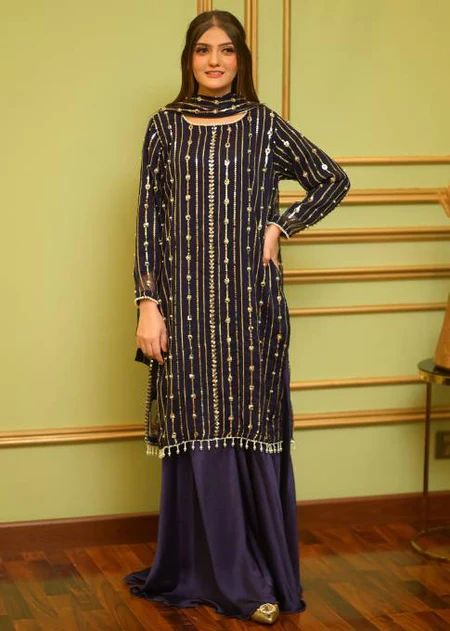 Function Wear Sequence With Pearl Work Black Color Sharara Suit