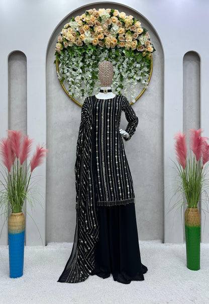 Function Wear Sequence With Pearl Work Black Color Sharara Suit