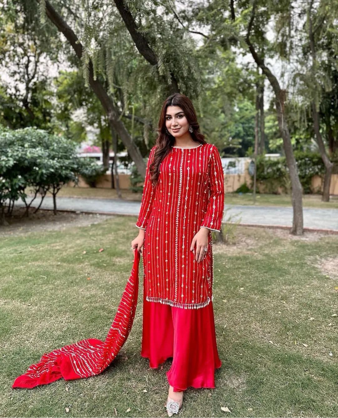 Function Wear Sequence With Pearl Work Red Color Sharara Suit