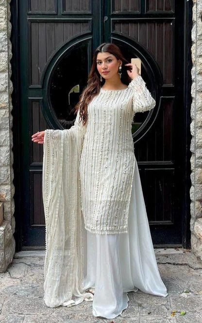 Function Wear Sequence With Pearl Work White Color Sharara Suit